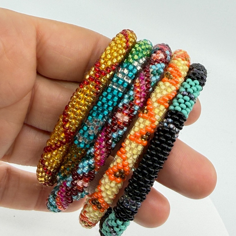 5Pc Multi-Colored Seed Bead Bracelet Stack - Boho Festival Jewelry
